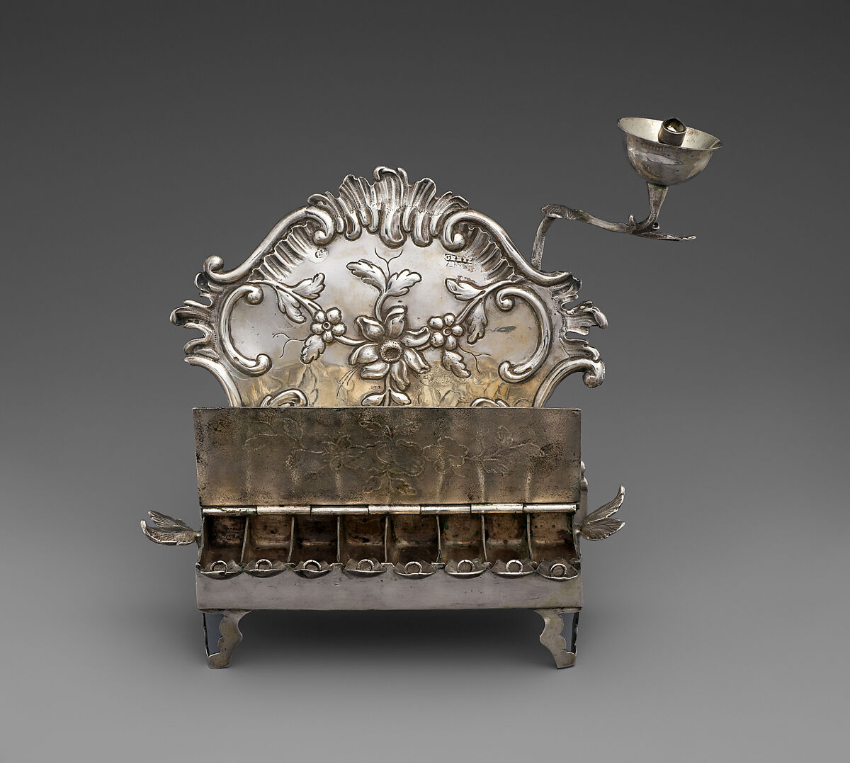 Hanukkah lamp, August Ferdinand Gentzmer (German, 1758/9–1808), Silver, embossed, German, Berlin