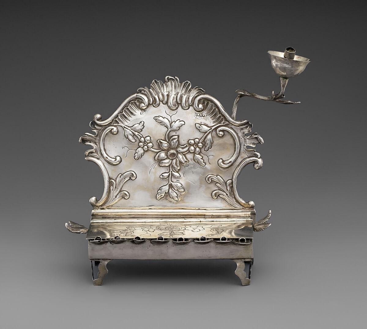 Hanukkah lamp, August Ferdinand Gentzmer (German, 1758/9–1808), Silver, embossed, German, Berlin