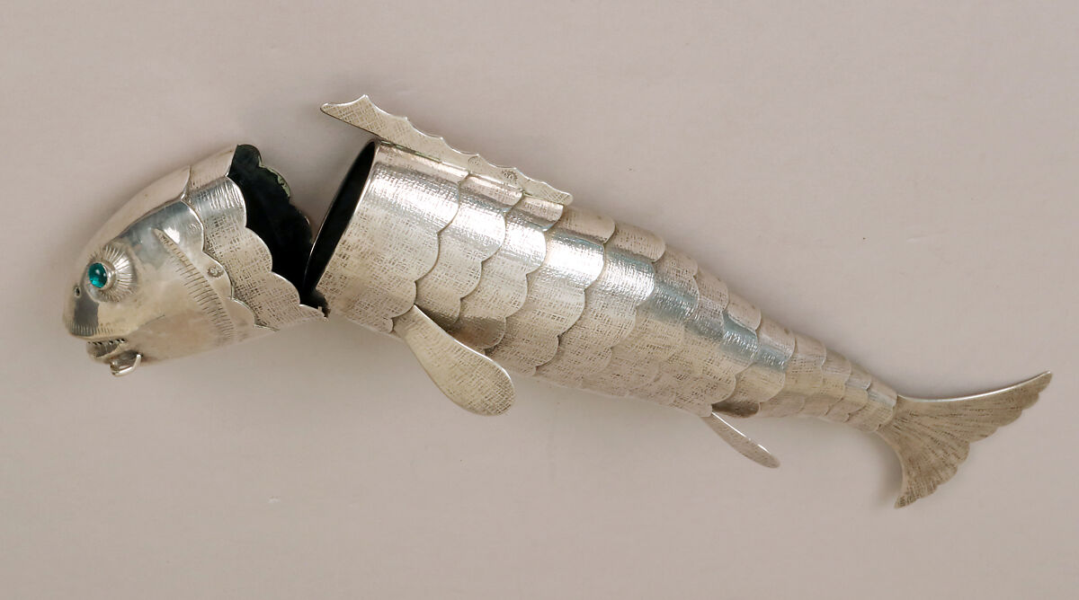 Fish-form spice container (Besamim), Silver, foil-backed glass, Austrian, Vienna