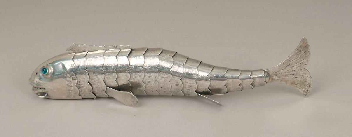 Fish-form spice container (Besamim), Silver, foil-backed glass, Austrian, Vienna 
