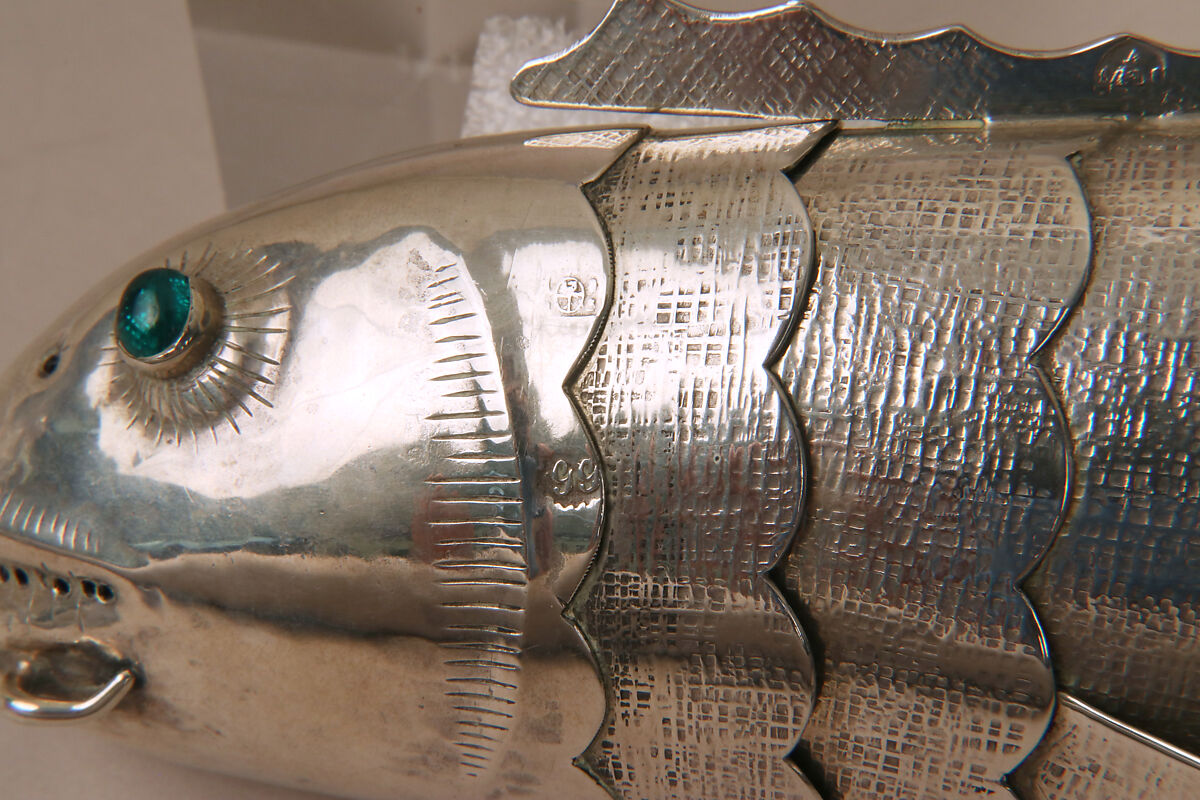 Fish-form spice container (Besamim), Silver, foil-backed glass, Austrian, Vienna