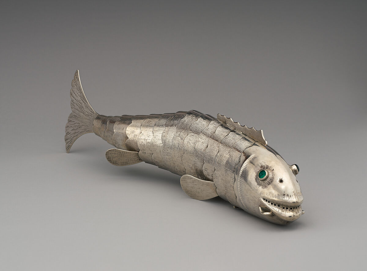 Fish-form spice container (Besamim), Silver, foil-backed glass, Austrian, Vienna