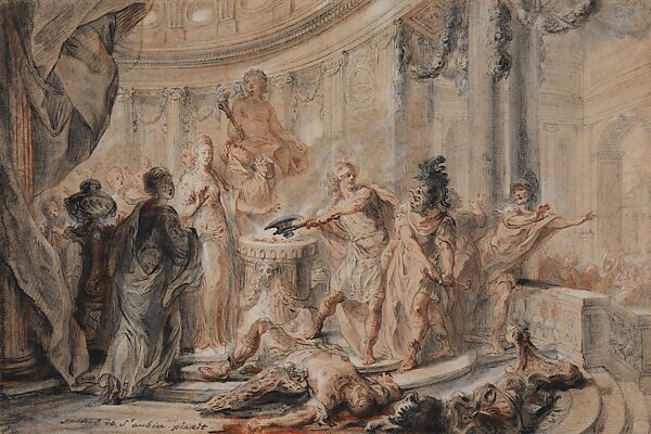 The Marriage of Mérope and Polyphonte, Gabriel de Saint-Aubin  French, Black chalk with stumping, red and white chalks on beige paper