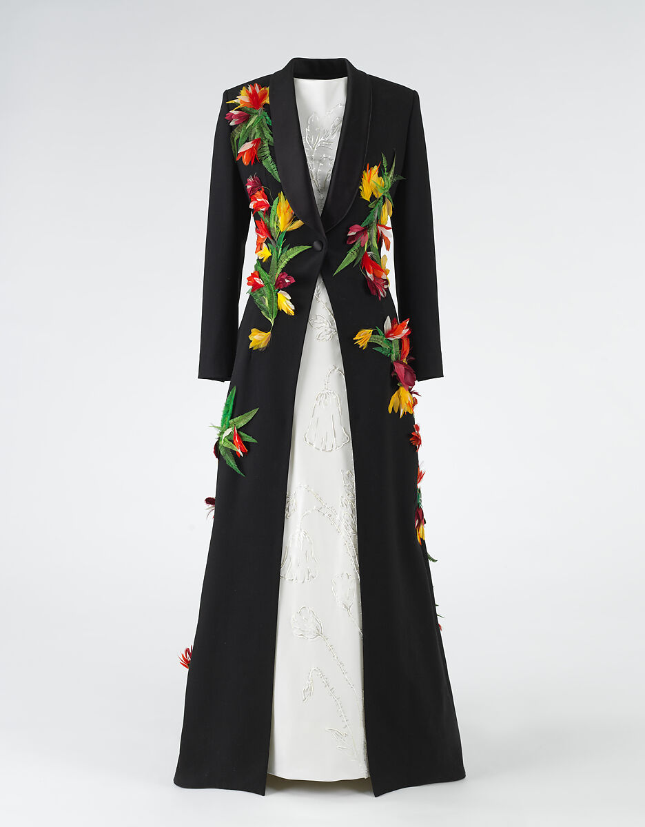 Ensemble, LOEWE (Spanish, founded 1846), (a) wool, feathers (ostrich, goose, rooster), (b) silk, Spanish 