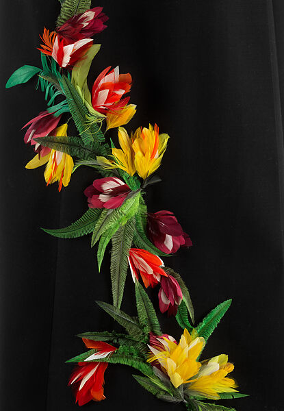 Ensemble, LOEWE (Spanish, founded 1846), (a) wool, feathers (ostrich, goose, rooster), (b) silk, Spanish