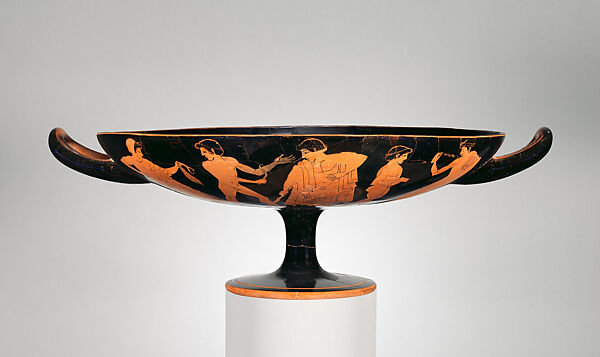 Terracotta kylix (drinking cup) joined by 44 fragments, Signed by Hieron as potter, Terracotta, Greek, Attic