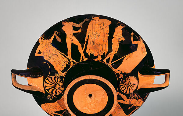 Terracotta kylix (drinking cup) joined by 44 fragments, Signed by Hieron as potter, Terracotta, Greek, Attic