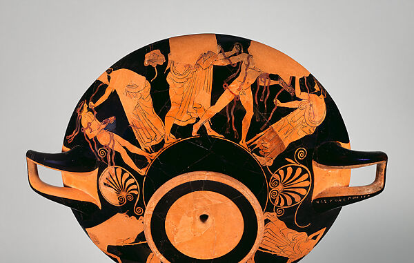Terracotta kylix (drinking cup) joined by 44 fragments, Signed by Hieron as potter, Terracotta, Greek, Attic