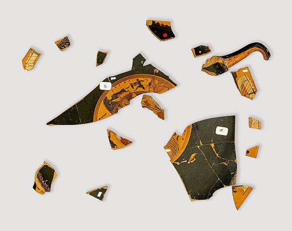 Fragments of a terracotta kylix (drinking cup), Terracotta, Greek, Attic 