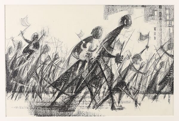 The Parade, Si Lewen (American, Lublin, Poland 1918–2016), Manufactured charcoal, pencil, crayon, ink, scratching, and hand applied gesso on paperboard