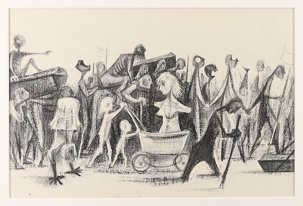 The Parade, Si Lewen (American, Lublin, Poland 1918–2016), Manufactured charcoal, pencil, crayon, ink, scratching, and hand applied gesso on paperboard