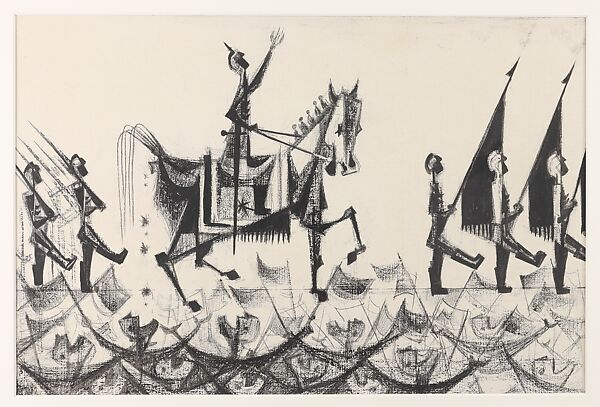 The Parade, Si Lewen (American, Lublin, Poland 1918–2016), Manufactured charcoal, pencil, crayon, ink, scratching, and hand applied gesso on paperboard