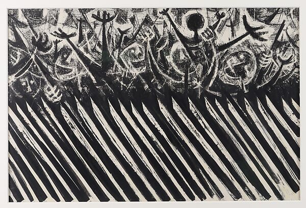 The Parade, Si Lewen (American, Lublin, Poland 1918–2016), Manufactured charcoal, pencil, crayon, ink, scratching, and hand applied gesso on paperboard