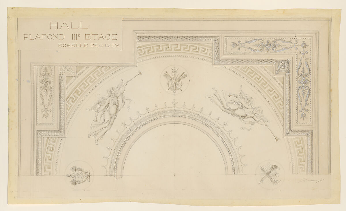 Design for the Ceiling of the Center Hall of Château de Syam, France, Anonymous, French, 19th century, Graphite, pen and ink, watercolor 