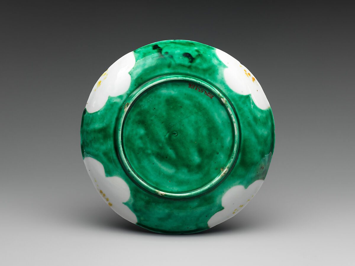 Set of Five Medium Dishes (Chūzara) with Plum-Blossom Patterns, Workshop of Ogata Kenzan (Japanese, 1663–1743), Stoneware with white slip under and polychrome enamels over transparent glaze (Kyoto, Kenzan ware), Japan