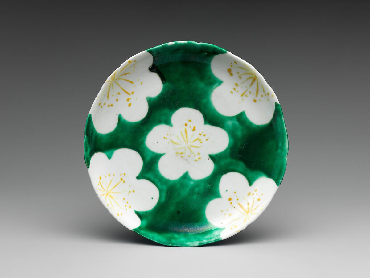 Set of Five Medium Dishes (Chūzara) with Plum-Blossom Patterns, Workshop of Ogata Kenzan (Japanese, 1663–1743), Stoneware with white slip under and polychrome enamels over transparent glaze (Kyoto, Kenzan ware), Japan