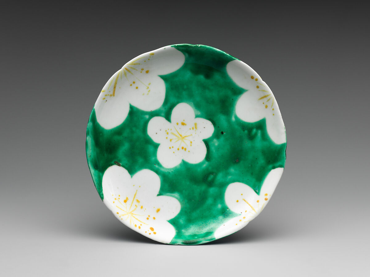 Set of Five Medium Dishes (Chūzara) with Plum-Blossom Patterns, Workshop of Ogata Kenzan (Japanese, 1663–1743), Stoneware with white slip under and polychrome enamels over transparent glaze (Kyoto, Kenzan ware), Japan