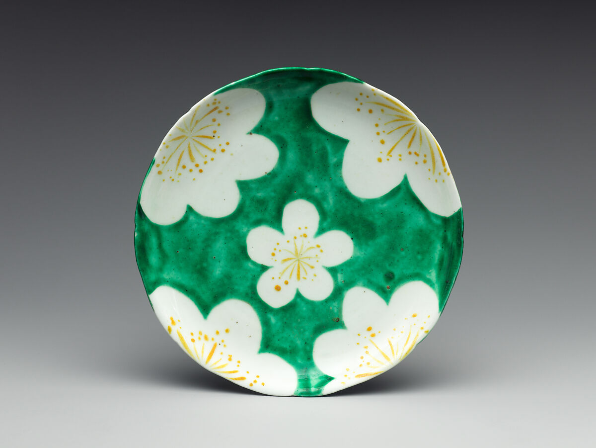 Set of Five Medium Dishes (Chūzara) with Plum-Blossom Patterns, Workshop of Ogata Kenzan (Japanese, 1663–1743), Stoneware with white slip under and polychrome enamels over transparent glaze (Kyoto, Kenzan ware), Japan