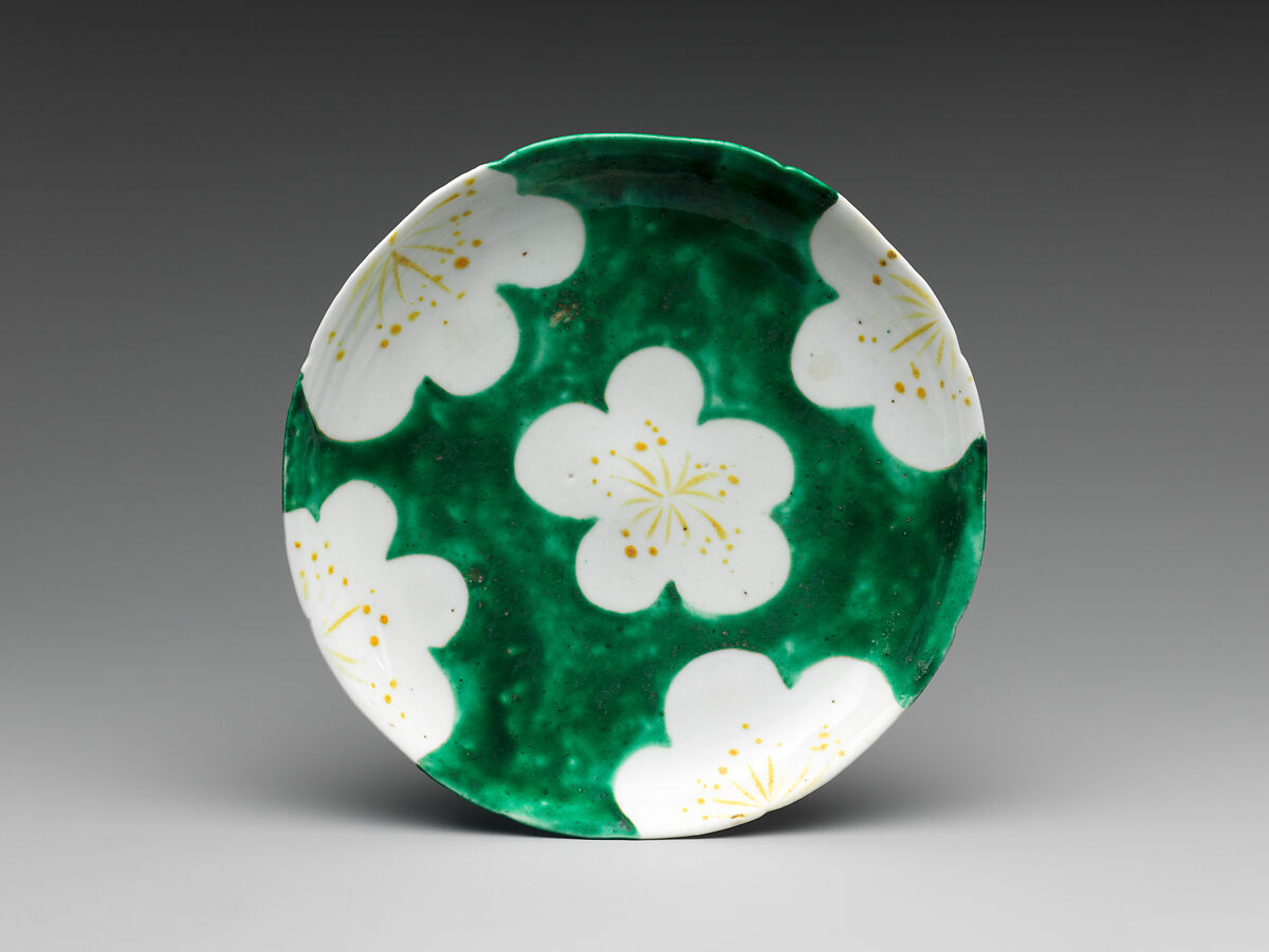 Set of Five Medium Dishes (Chūzara) with Plum-Blossom Patterns, Workshop of Ogata Kenzan (Japanese, 1663–1743), Stoneware with white slip under and polychrome enamels over transparent glaze (Kyoto, Kenzan ware), Japan