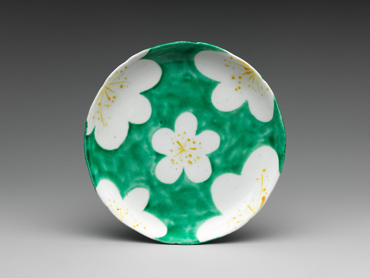 Set of Five Medium Dishes (Chūzara) with Plum-Blossom Patterns, Workshop of Ogata Kenzan (Japanese, 1663–1743), Stoneware with white slip under and polychrome enamels over transparent glaze (Kyoto, Kenzan ware), Japan