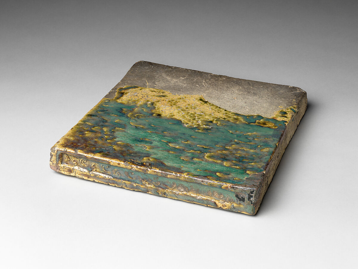 Tile, Stoneware with glaze; Mino ware, Oribe type, Japan