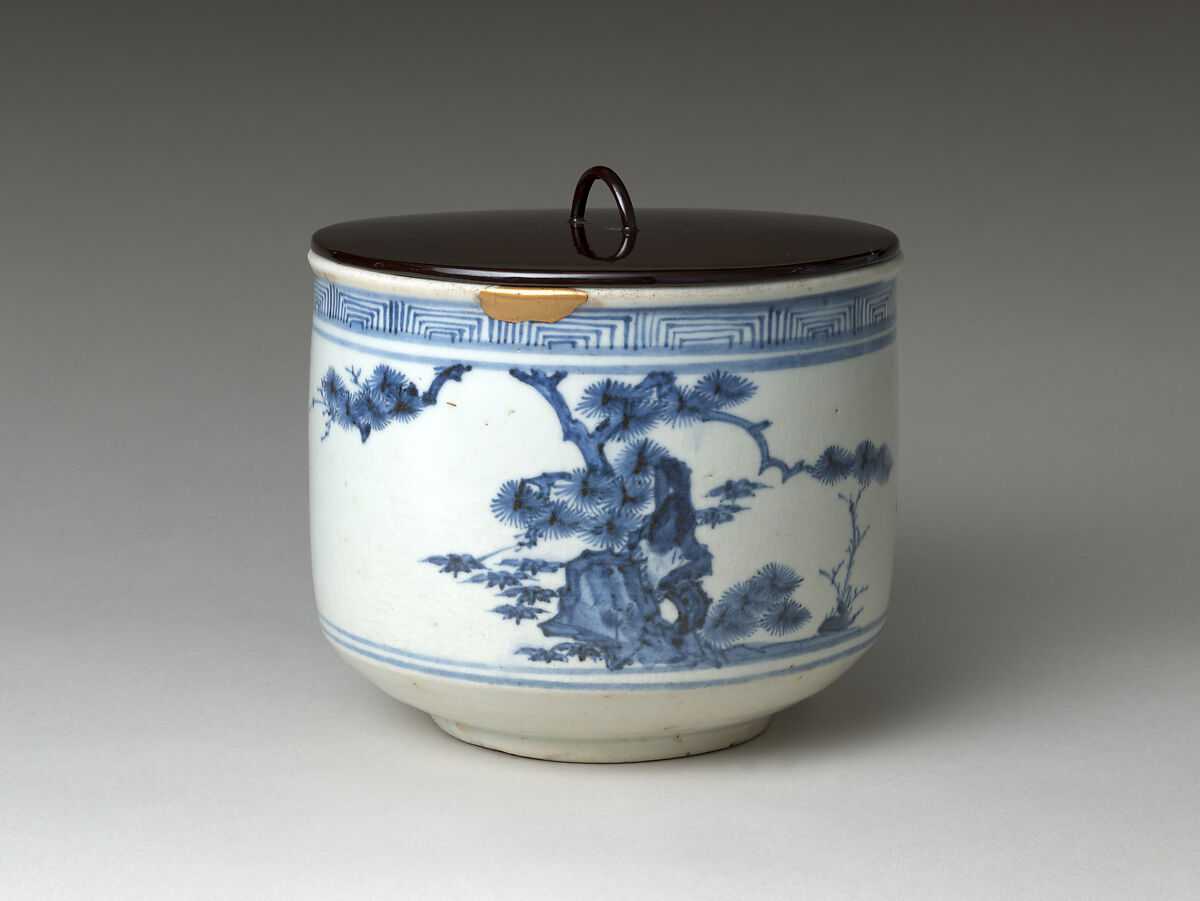 Three Friends of Winter Fresh Water Jar, Porcelain (Arita, early Imari) with underglaze cobalt decoration, Japan