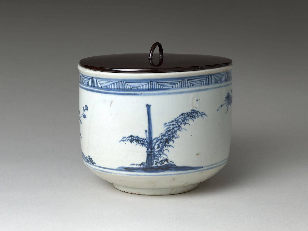 Three Friends of Winter Fresh Water Jar, Porcelain (Arita, early Imari) with underglaze cobalt decoration, Japan