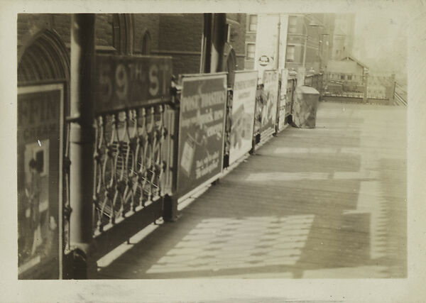 [New York Album: 9th Avenue Elevated Train Platform at 59th Street Station, St. Paul the Apostle Church], Berenice Abbott (American, Springfield, Ohio 1898–1991 Monson, Maine), Gelatin silver print 
