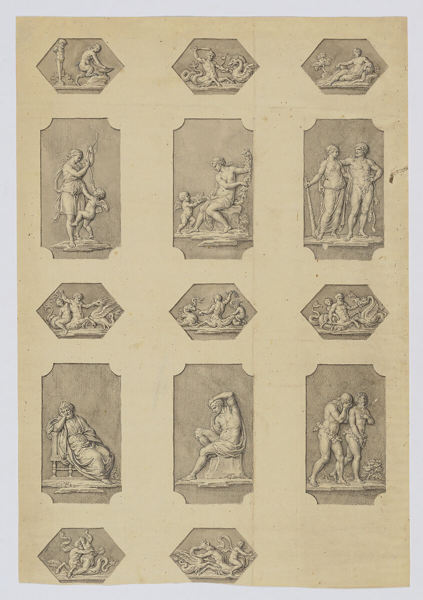 Group of Vignettes copied from the Vatican Loggias, Anonymous, French, 18th century (?), Pen and ink with grey and brown wash over partial blind ruling