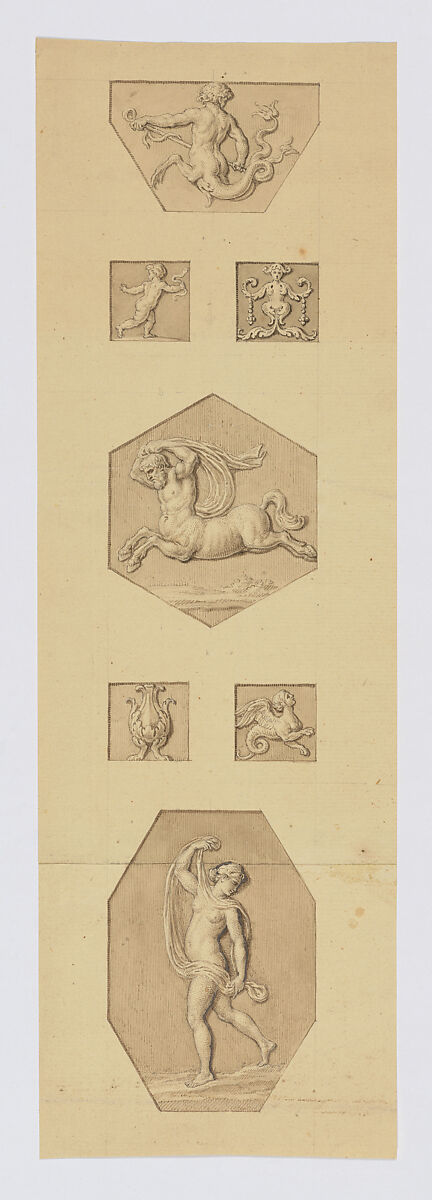 Group of Vignettes copied from the Vatican Loggias, Anonymous, French, 18th century (?), Pen and ink with grey and brown wash over partial blind ruling