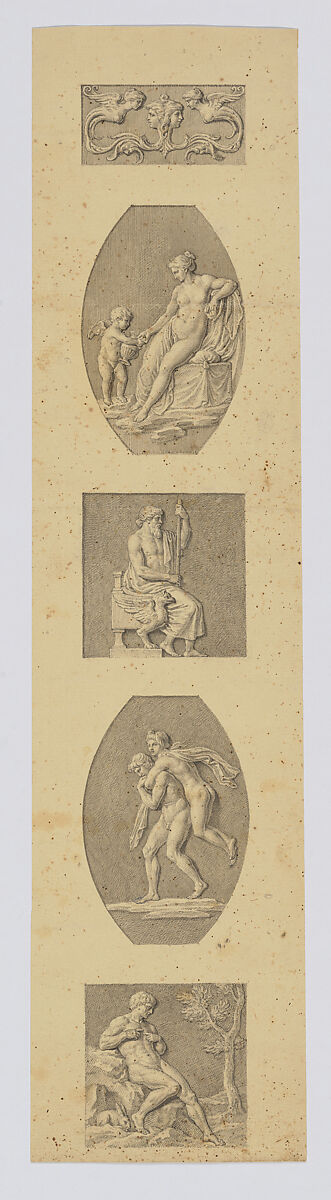 Group of Vignettes copied from the Vatican Loggias, Anonymous, French, 18th century (?), Pen and ink with grey and brown wash over partial blind ruling
