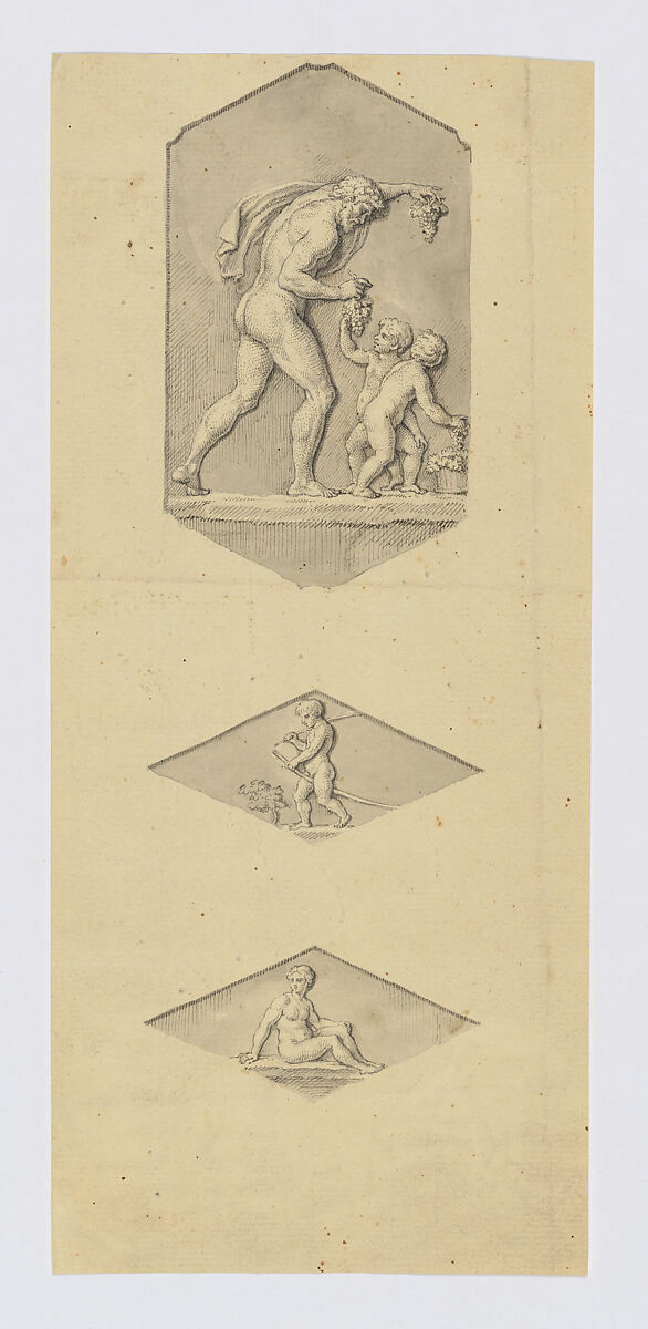 Group of Vignettes copied from the Vatican Loggias, Anonymous, French, 18th century (?), Pen and ink with grey and brown wash over partial blind ruling
