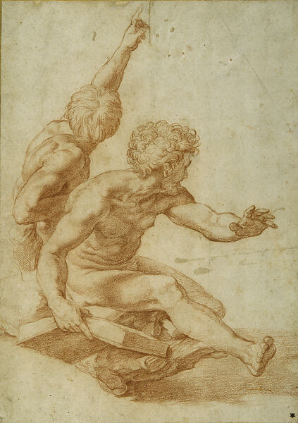 Study of Two Nude Seated Male Figures for the Transfiguration (St. Andrew and Another Apostle), Raphael (Raffaello Sanzio or Santi)  Italian, Red chalk over preliminary stylus underdrawing
