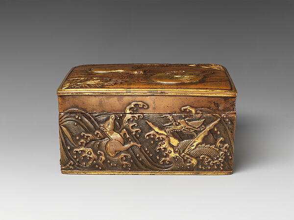 Covered box with three animals crossing a river, Lu Weiliang (Chinese, active 17th century), Copper alloy, parcel gilding, China