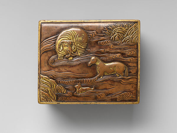 Covered box with three animals crossing a river, Lu Weiliang (Chinese, active 17th century), Copper alloy, parcel gilding, China