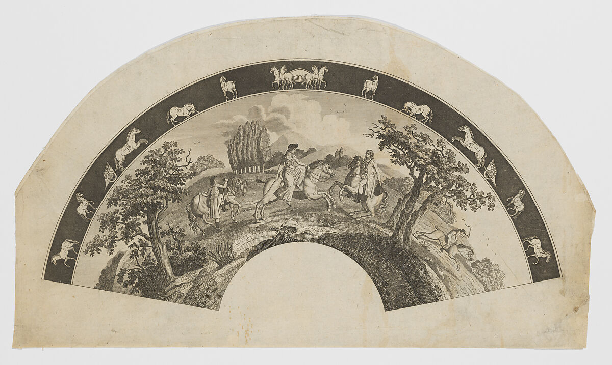Fan leaf depicting a hunt scene, Anonymous, British, 19th century, Engraving and etching 
