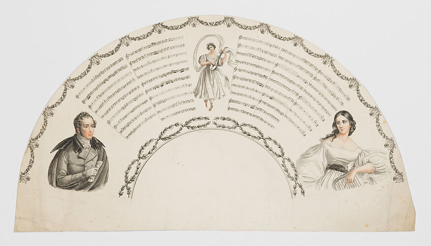 Fan leaf with music and a male and female half figure