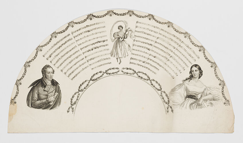 Fan leaf with music and a male and female half figure