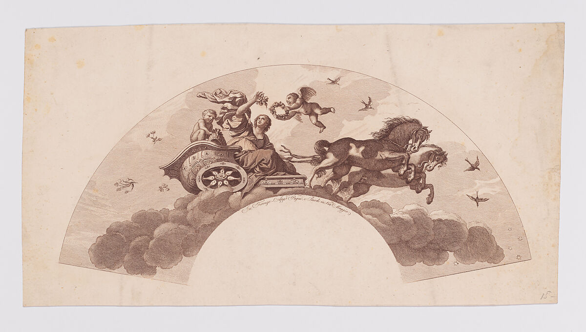 Fan leaf of Aurora after the fresco by Guercino, After Guercino (Giovanni Francesco Barbieri) (Italian, Cento 1591–1666 Bologna), Etching, engraving, and stipple engraving