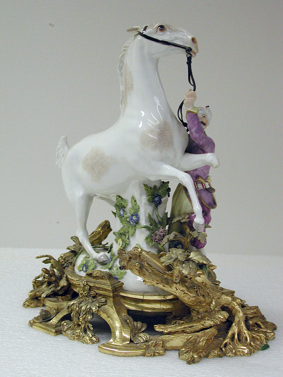 Horse with groom (one of a pair), Meissen Manufactory (German, 1710–present), Hard-paste porcelain, gilt-bronze and enameled lead mounts, German, Meissen with probably French mounts