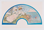 Fan print depicting woman and dog admiring the sea