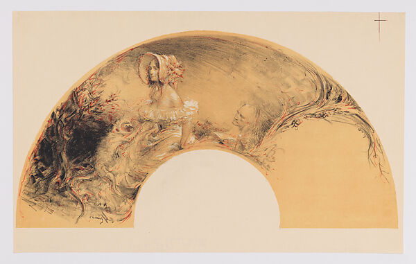 Fan leaf depicting woman and monkey