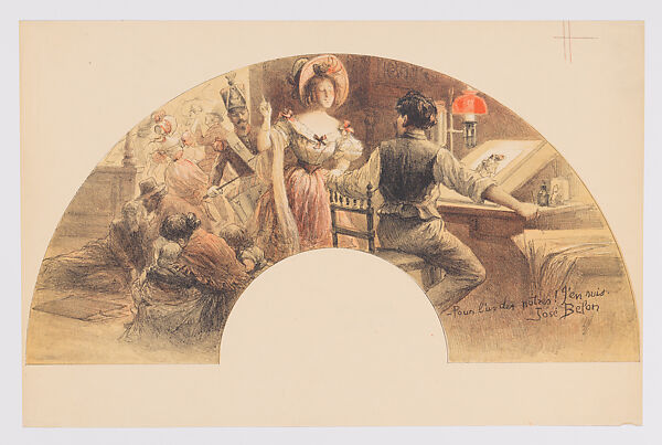 Fan leaf depicting an artist seated before his drawing board, Jose Belon (French, died 1927), Lithograph printed in black, red, and white 