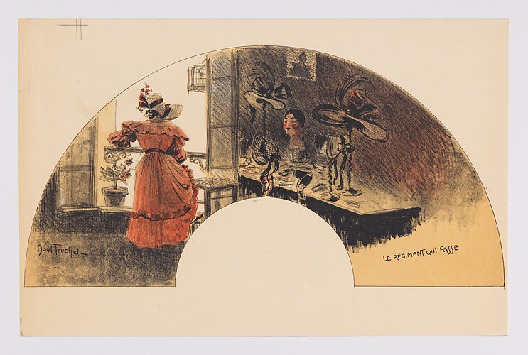 Fan leaf depicting woman with hat in shop