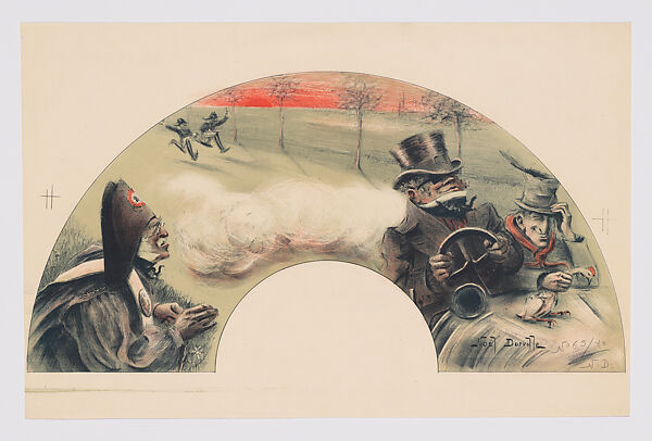 Fan leaf depicting gentlemen evading soldiers