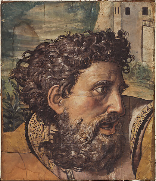 Head of a Soldier (Cartoon Fragment for the Resurrection, Scuola Nuova Tapestry Series), Giulio Romano  Italian, Brush and color gouache on paper, mounted on canvas
