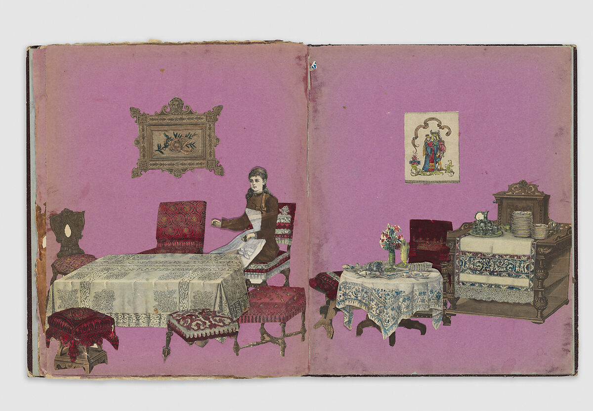 Paper Doll Dining Room, Anonymous, German, 19th century, Wood engraving, printed paper, cut out, hand colored and assembled