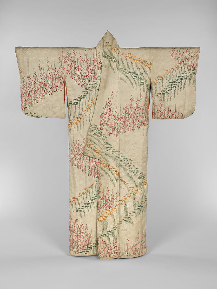 Robe (Kosode) with Bamboo and Plum, Figured satin-weave silk (rinzu) with paste-resist dyeing (yūzen) and couched gold thread, Japan