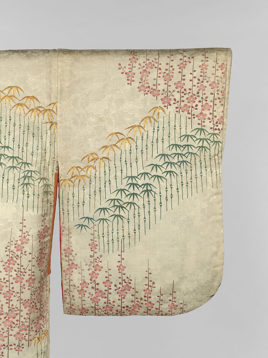 Robe (Kosode) with Bamboo and Plum, Figured satin-weave silk (rinzu) with paste-resist dyeing (yūzen) and couched gold thread, Japan