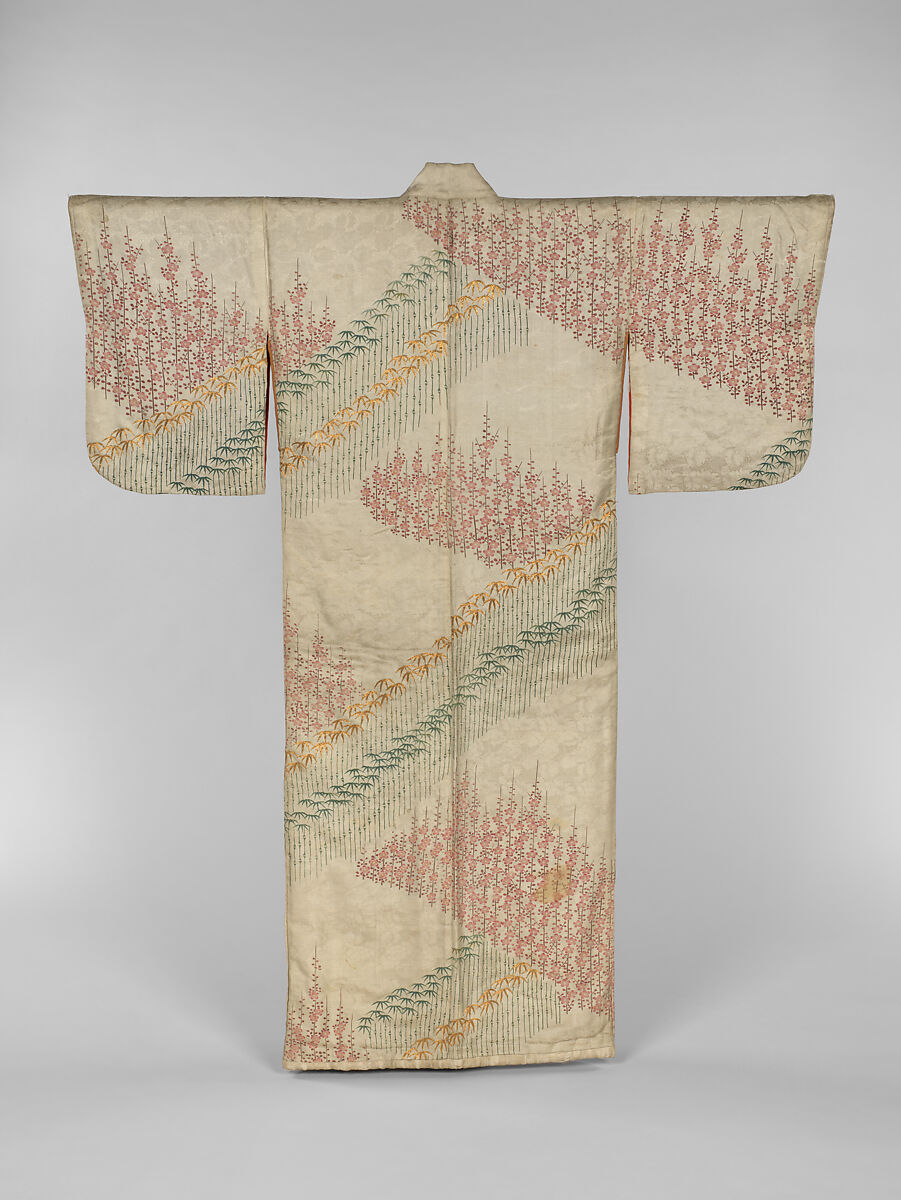 Robe (Kosode) with Bamboo and Plum, Figured satin-weave silk (rinzu) with paste-resist dyeing (yūzen) and couched gold thread, Japan